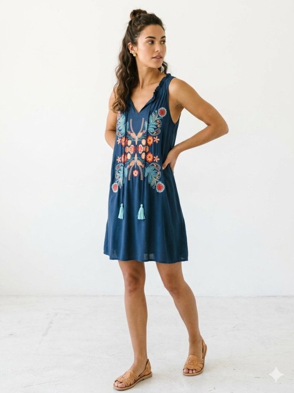Chic Connection Navy Boho Embroidered Tassel Dress Size L EUC